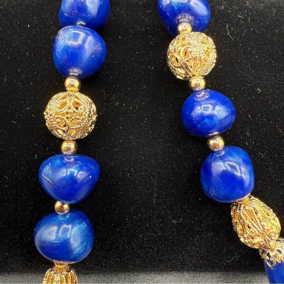 Trifari Signed Blue and Gold Beaded Filigree Elegant Necklace - Picture 5 of 9